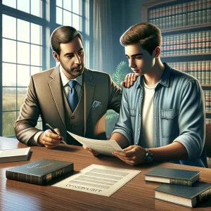 Attorney guiding a young man regarding conservatorship in an office
